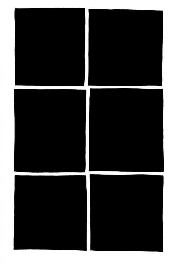 Les six cases noires laissant apparaître les seules gouttières blanches de l'album "Attends...". Répétition et non-figuration ; L'Effroi ?